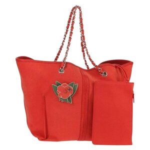 CHANEL Chain Camelia Tote Bag Grained Calf Skin Red Silver